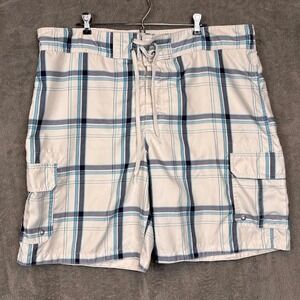 Merona Men XL Plaid Board Shorts Blue White Cargo Pocket Swim Trunks Mesh Lining